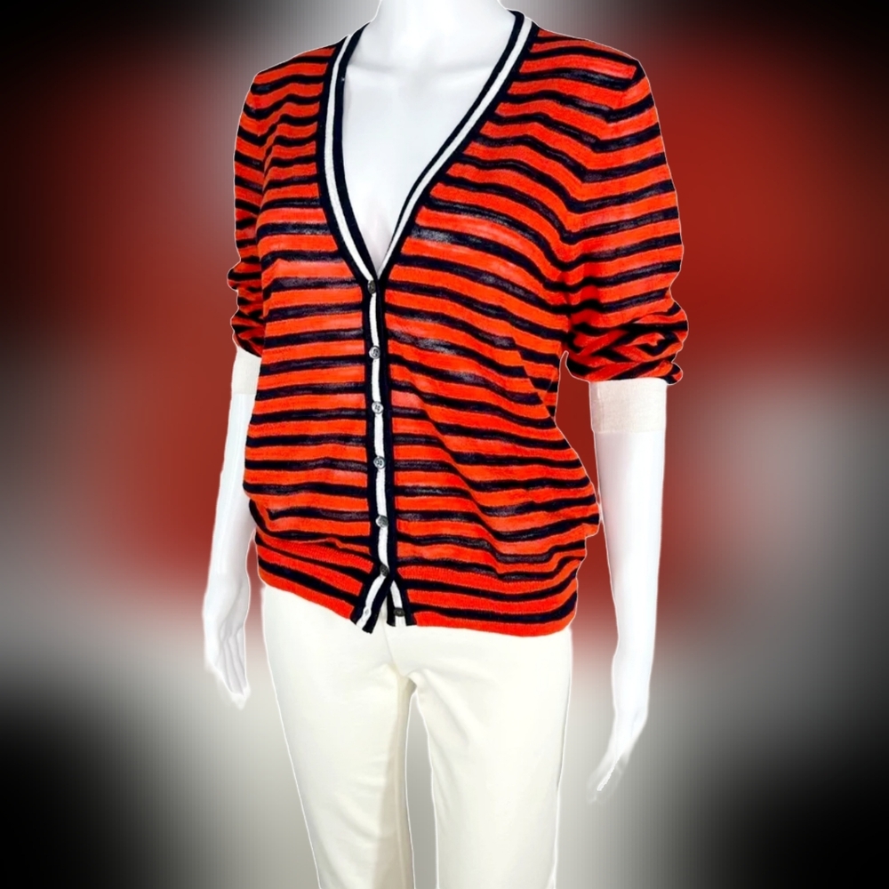 J. Crew Red/Black Striped Sweater Cardigan Cotton Blend Lightweight Medium